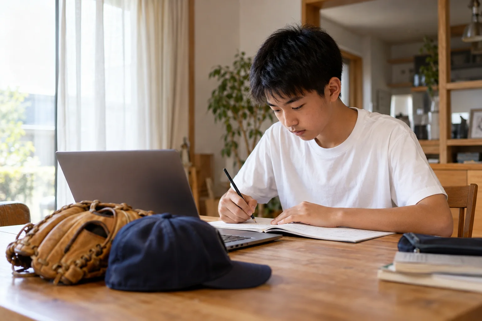 グローブをそばに置き、自宅でノートに向かう選手のイメージ